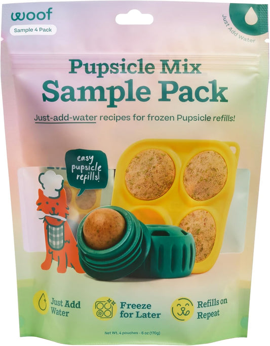 Pupsicle Mix Sample Pack - Easy-To-Make DIY Pupsicle Refills - Delicious Mix for the Pupsicle Interactive Dog Toy - with Bacon & Cheese, Calming, Balanced Belly, and Dental Mix - 4 Pack Sampler