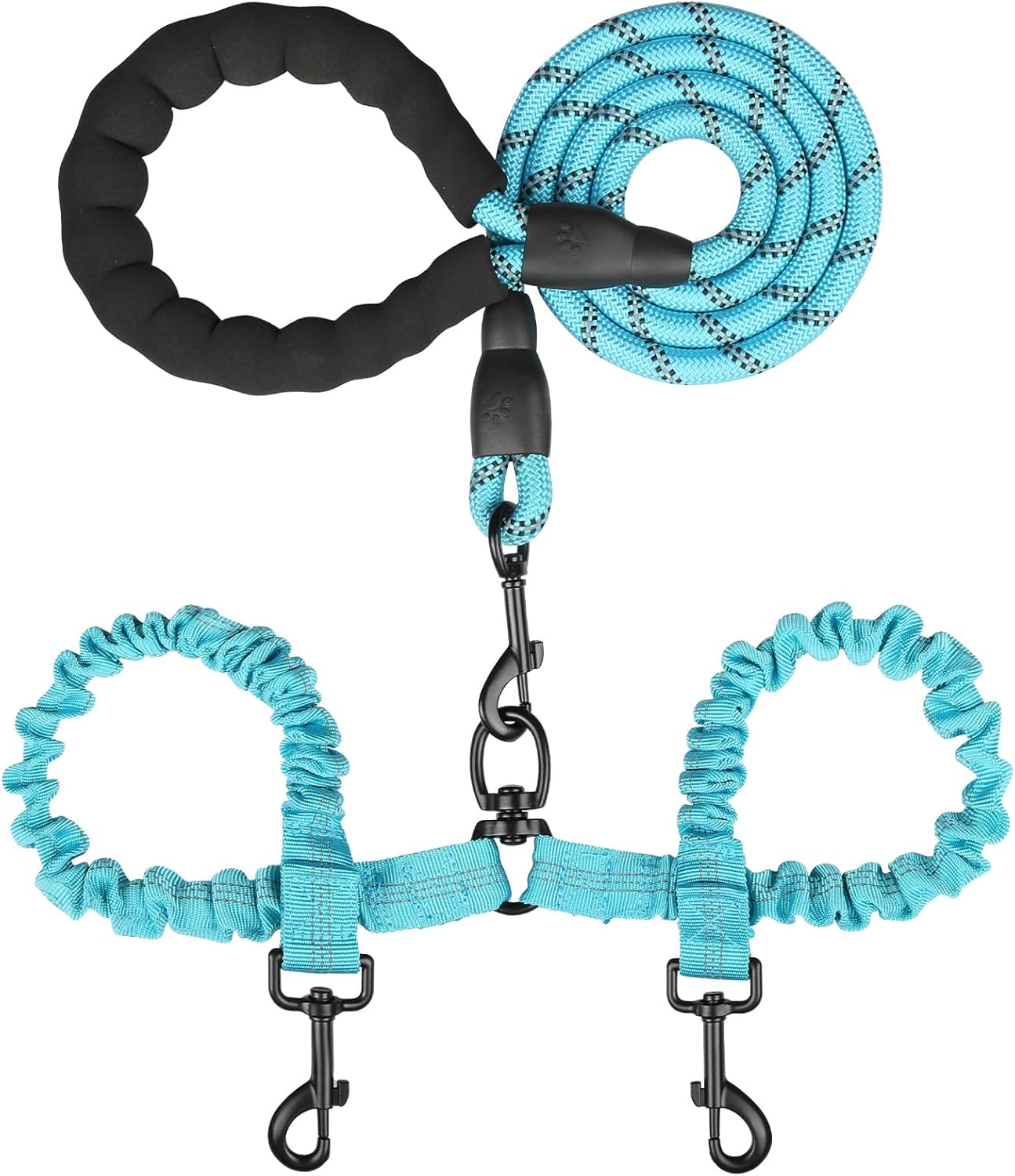 Double Dog Leash, Dual Dog Leash, 360° Swivel Tangle Free Bungee Walking Training for Large Medium Dogs, Shock Absorbing Bungee Reflective for Two Dogs, 18~123 Lbs, Blue