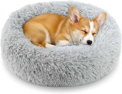 Calming Anti-Anxiety Donuts Dog and Cat Bed, round Fluffy Soft Washable Small Medium Pet Bed for Puppy and Kitten, Cuddler Warming Comfortable Cushion, Luxury Anti-Slip Waterproof Base 20In Gray