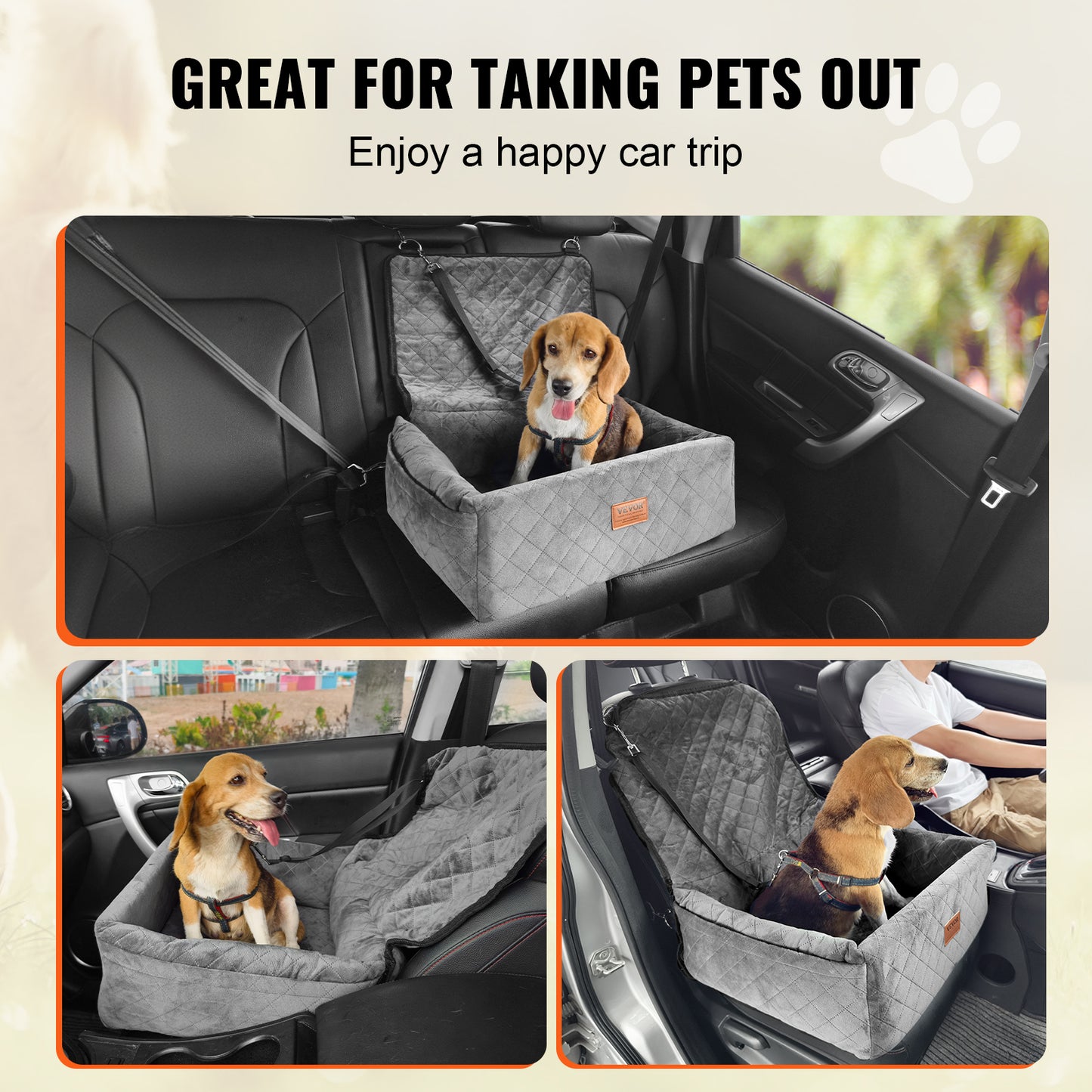 Dog Car Seat, Dog Booster Seat for Car with a Storage Pocket, Clip-On Safety Leash, Sponge and PP Cotton Filling, Dog Car Bed for Small & Medium Dog up to 40Lbs, Gray
