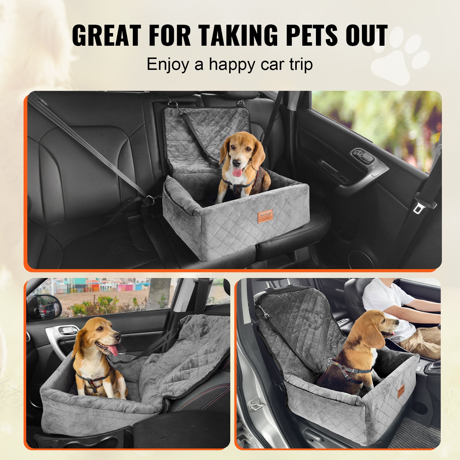 Dog Car Seat, Dog Booster Seat for Car with a Storage Pocket, Clip-On Safety Leash, Sponge and PP Cotton Filling, Dog Car Bed for Small & Medium Dog up to 40Lbs, Gray