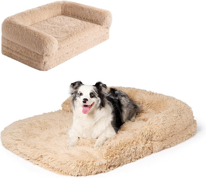 Foldable XXL Dog Bed for Large Sized Dog, 54"X38"X7.5" Faux Fur Fluffy Pet Couch Bed, Orthopedic Calming Memory Foam Big Pet Bed, Washable Pet Sofa Bed with Non-Slip Bottom, Camel