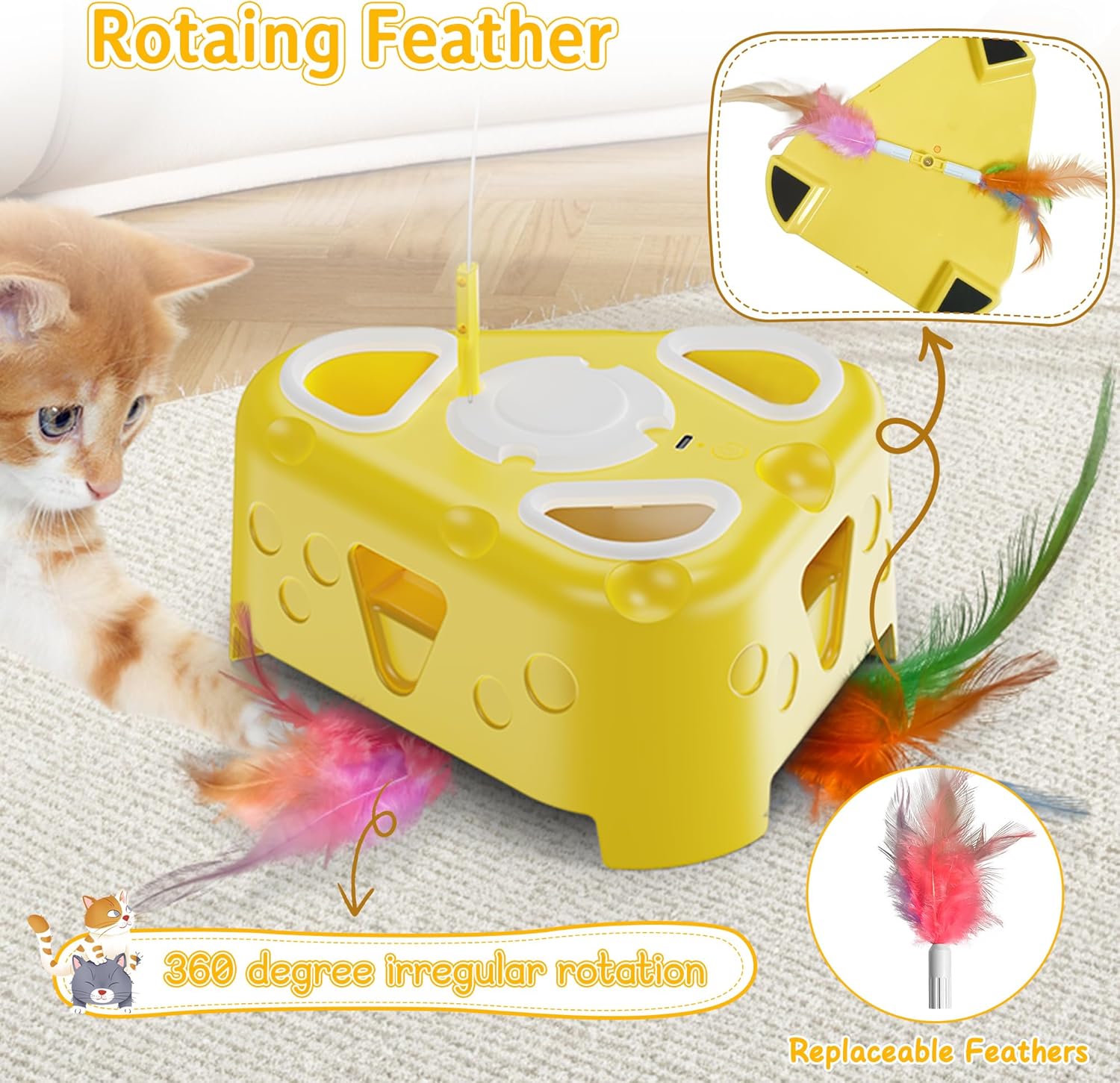 3-In-1 Automatic Cheese-Shaped Interactive Cat Toy – Flying Bird, 6-Hole Mole & Rotating Feather | USB Rechargeable Electronic Feather Toy for Indoor Adult Cats & Kittens, Relieves Boredom