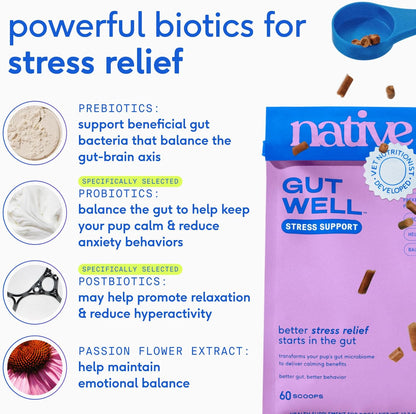 Native Pet Gutwell Stress Support - Dog Anxiety Relief & Calming Treats - Tasty Food Topper for Dog Stress and Anxiety Relief - Support Gut-Brain Axis with Triple-Biotic Blend & Magnesium - 60 Scoops