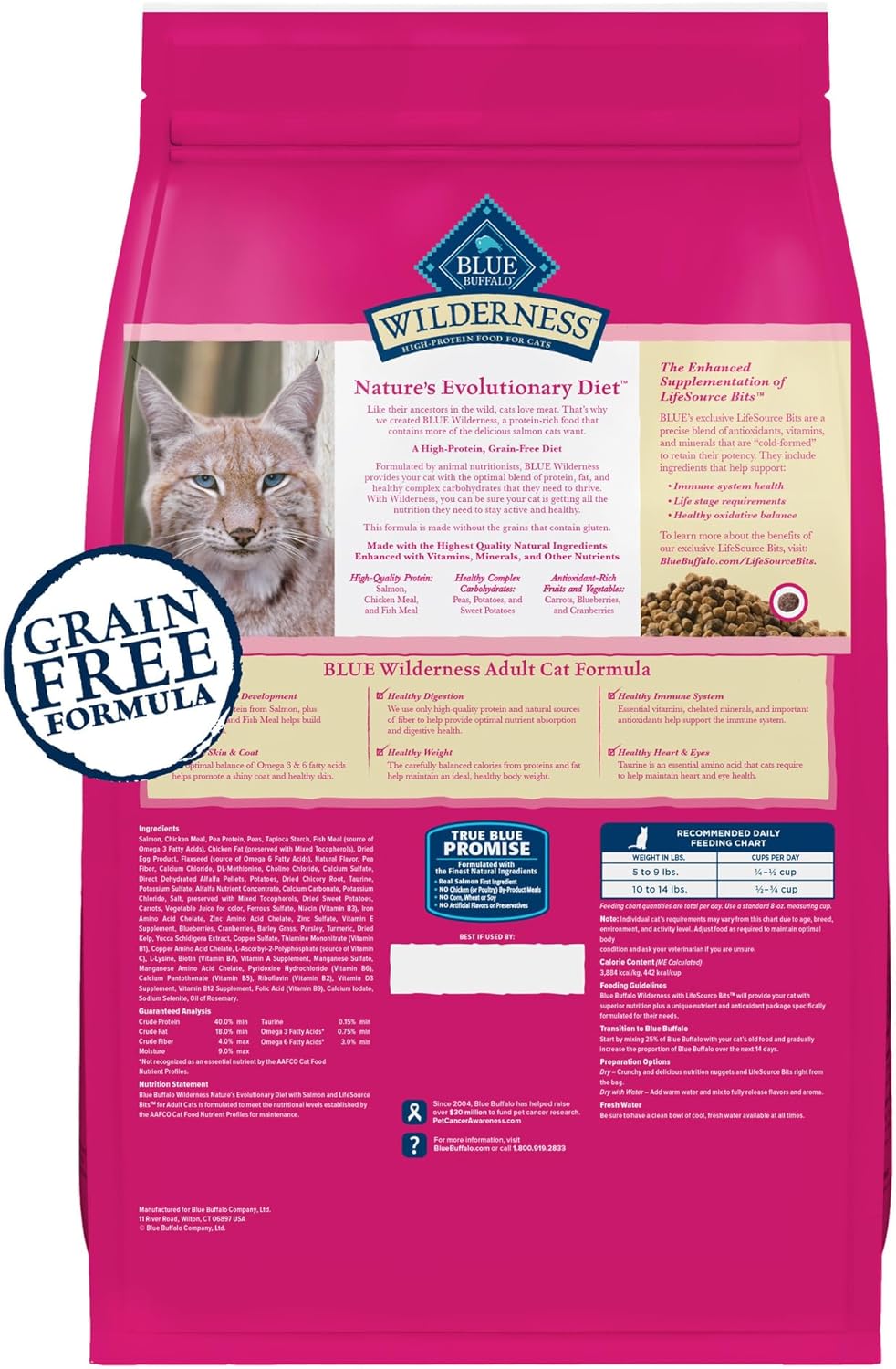 Blue Buffalo Wilderness Natural High Protein, Grain Free Dry Food for Adult Cats, Salmon - 11 lbs