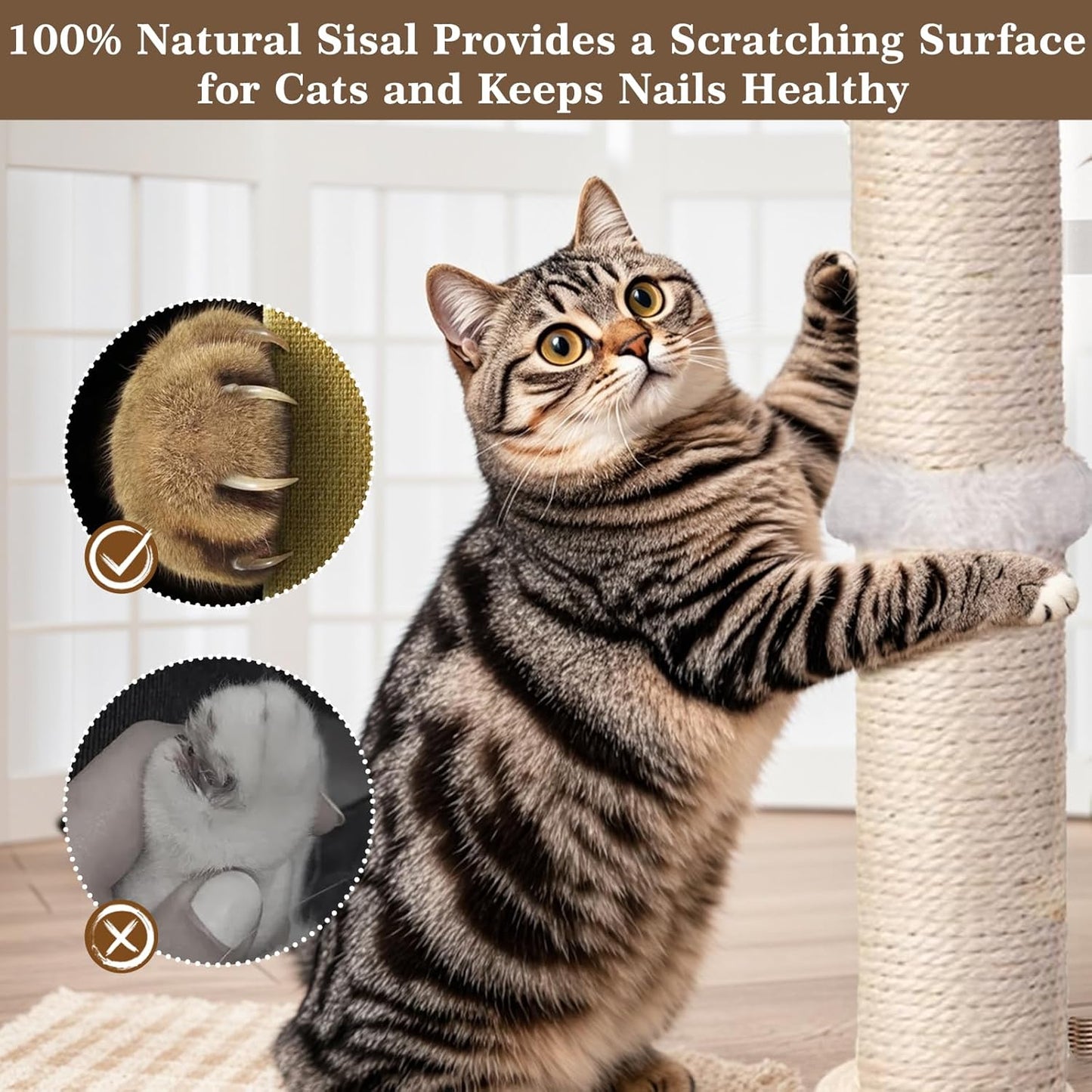 Cat Scratching Post, Sisal, Interactive Furniture Toys for Indoor Cats Adults, 2 Mounting Methods Scratcher Tree Tower with Hanging and Ball Track