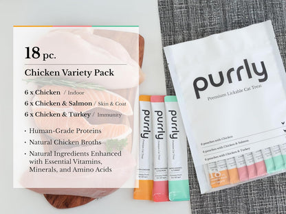 Purrly Lickable Wet Cat Treats Healthy Grain-Free Chicken Variety Pack (30 Count) Squeezable Creamy Purée with Human-Grade Protein Functional Nutrients Non-Gmo No-Artificial-Additives Low-Phosphorus