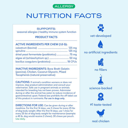 Dog Allergy Chews - Dog Allergy Relief with Probiotics and Colostrum for Itchy Skin Relief to Support Seasonal Allergy and Healthy Immune System - All Natural Anti-Histamine - 30 Chews