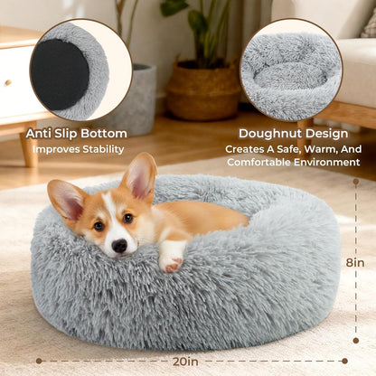 Calming Anti-Anxiety Donuts Dog and Cat Bed, round Fluffy Soft Washable Small Medium Pet Bed for Puppy and Kitten, Cuddler Warming Comfortable Cushion, Luxury Anti-Slip Waterproof Base 20In Gray