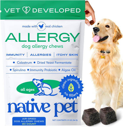 Dog Allergy Chews - Dog Allergy Relief with Probiotics and Colostrum for Itchy Skin Relief to Support Seasonal Allergy and Healthy Immune System - All Natural Anti-Histamine - 30 Chews