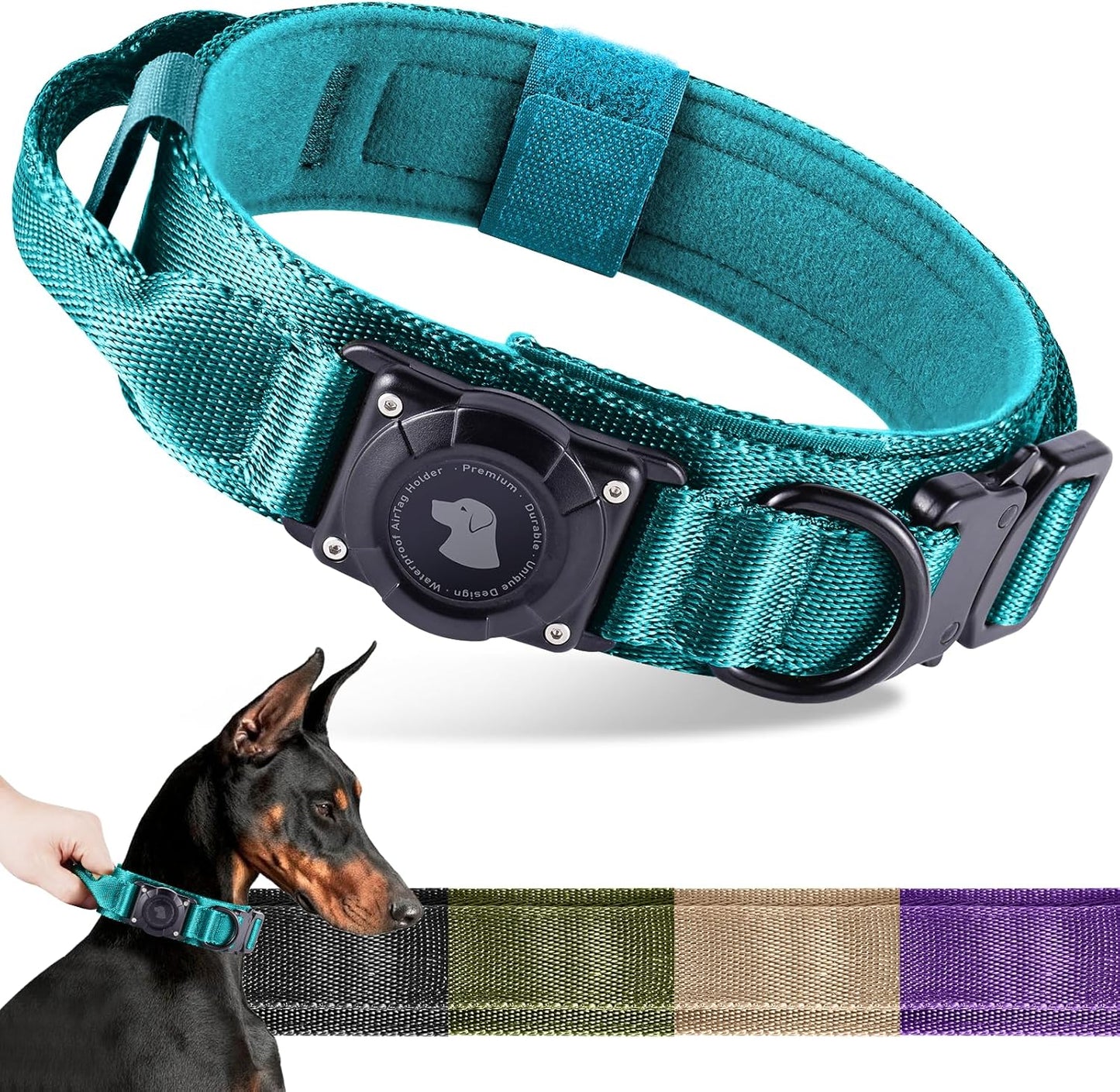 2025 Upgrade Waterproof Airtag Dog Collar, Military Tactical Dog Collar with Airtag Holder, Comfortable Control Handle and Metal Buckle, GPS Dog Collar Holder for Medium to Large Dogs (Armygreen, L)