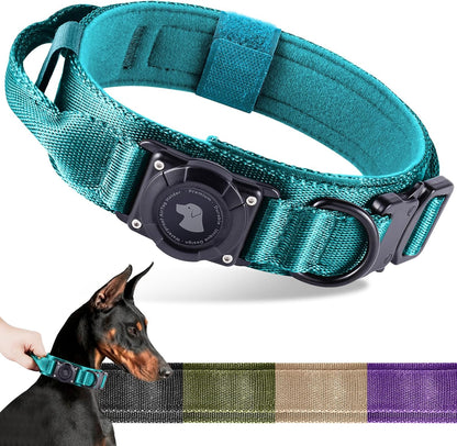 2025 Upgrade Waterproof Airtag Dog Collar, Military Tactical Dog Collar with Airtag Holder, Comfortable Control Handle and Metal Buckle, GPS Dog Collar Holder for Medium to Large Dogs (Armygreen, L)