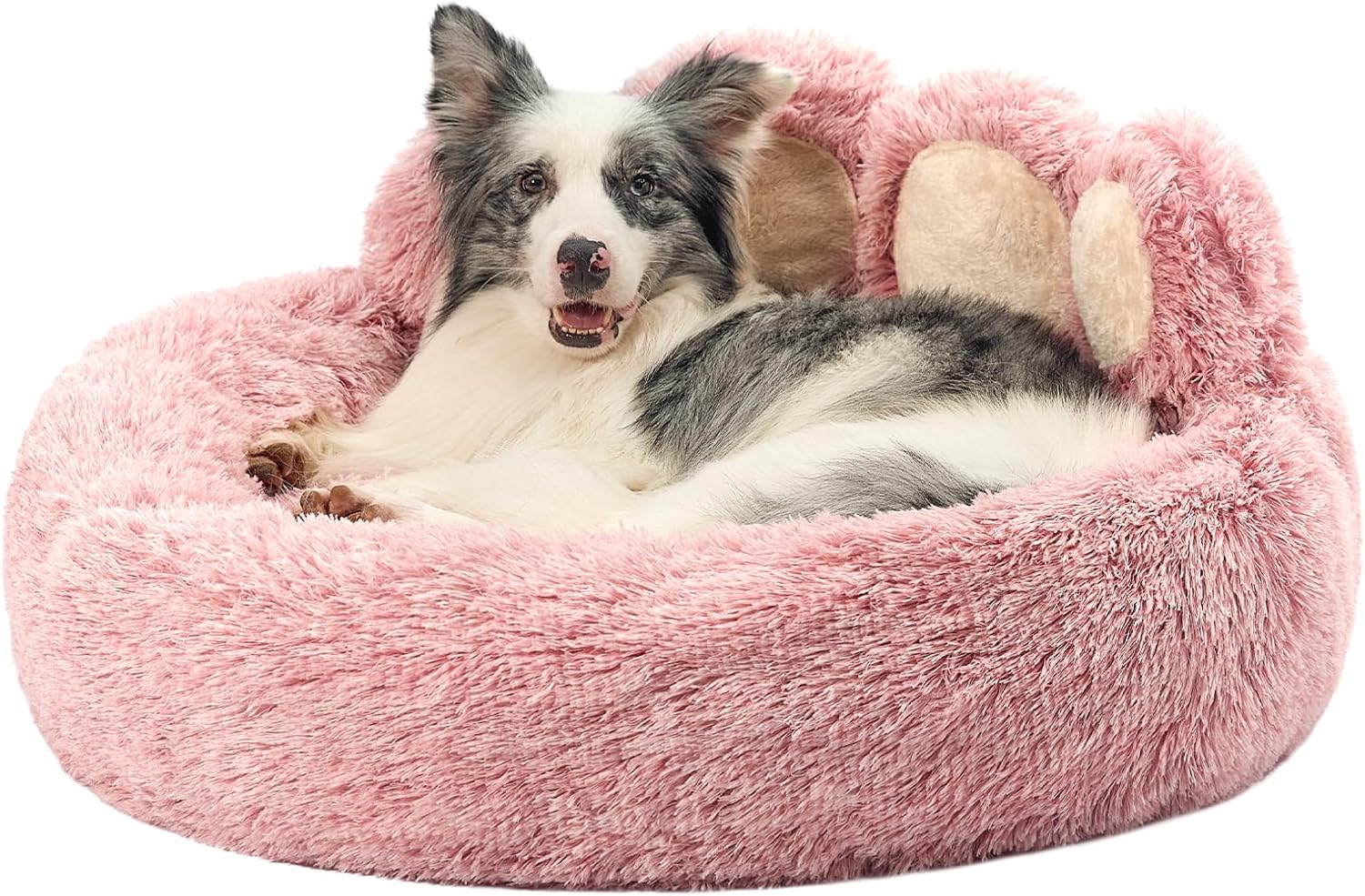 Paw Shape Calming Pet Bed, Plush Faux Fur Donut Bed for Dogs & Cats, Machine Washable, Non-Slip Bottom, Medium (22"×22"×6"), Gray