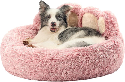 Paw Shape Calming Pet Bed, Plush Faux Fur Donut Bed for Dogs & Cats, Machine Washable, Non-Slip Bottom, Medium (22"×22"×6"), Gray