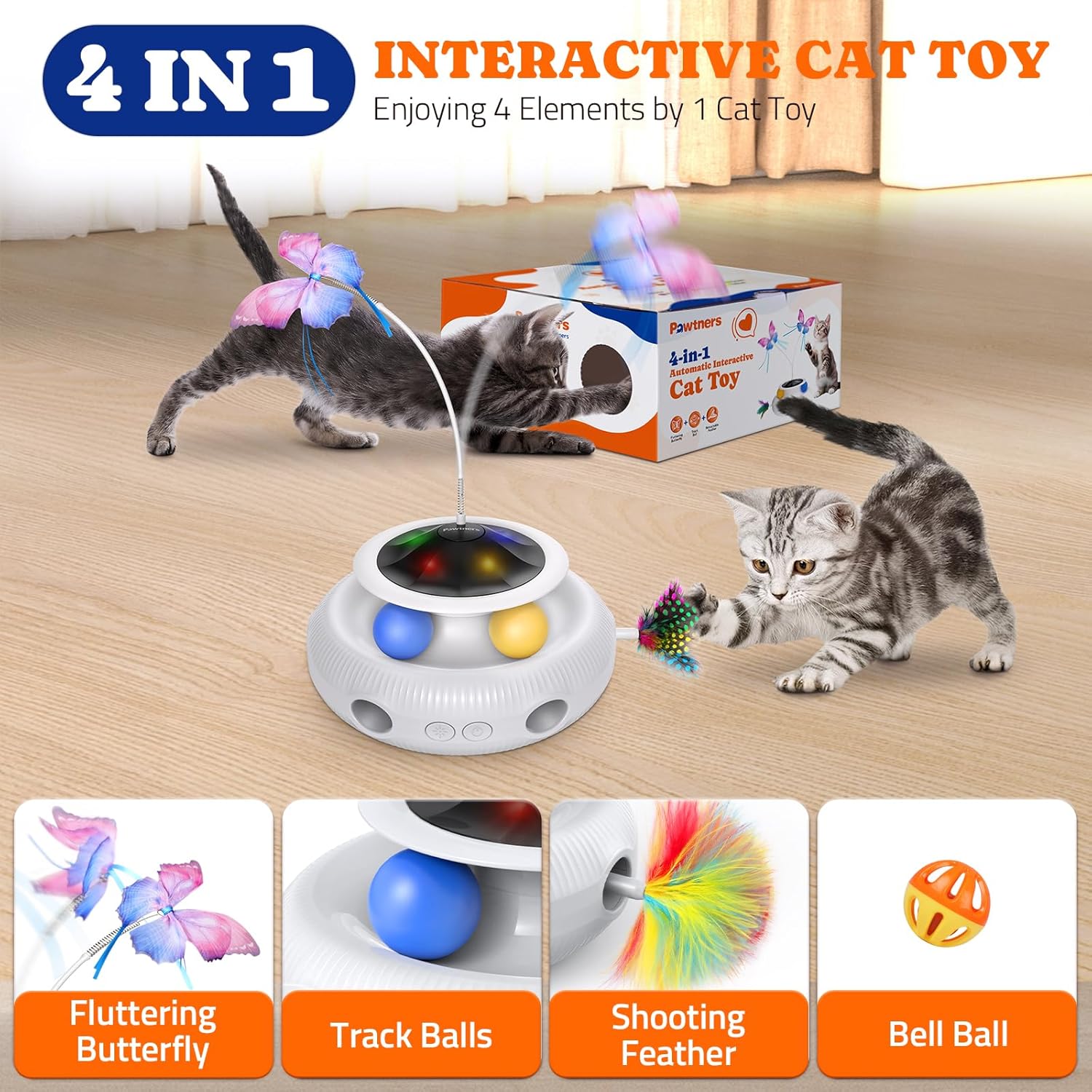 Interactive Cat Toy, 4 in 1 Automatic Interactive Kitten Toys for Indoor Cats Rechargeable with Fluttering Butterfly, Track Balls and Ambush Feather