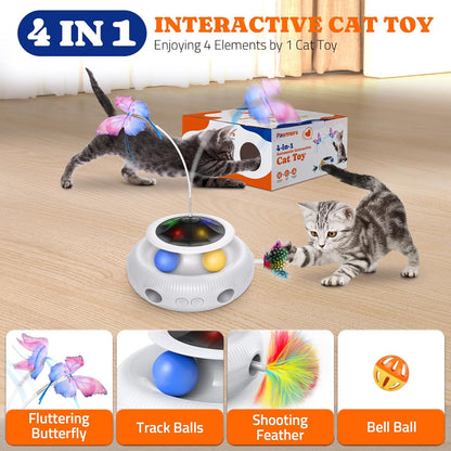 Interactive Cat Toy, 4 in 1 Automatic Interactive Kitten Toys for Indoor Cats Rechargeable with Fluttering Butterfly, Track Balls and Ambush Feather
