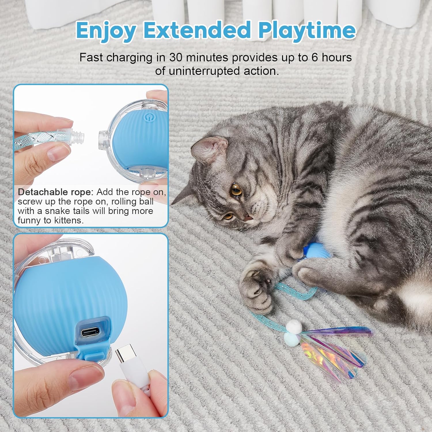 Interactive Cat Toy for Indoor Cats & Dogs, Agile Moving Cat Ball with Elastic Mesh Tail, Rechargeable Enrichment Toy, Smart Automatic Rolling Pet Ball Toy for  Dogs & Cats (Blue)