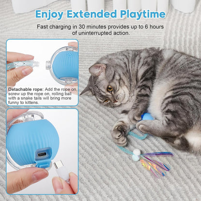 Interactive Cat Toy for Indoor Cats & Dogs, Agile Moving Cat Ball with Elastic Mesh Tail, Rechargeable Enrichment Toy, Smart Automatic Rolling Pet Ball Toy for  Dogs & Cats (Blue)