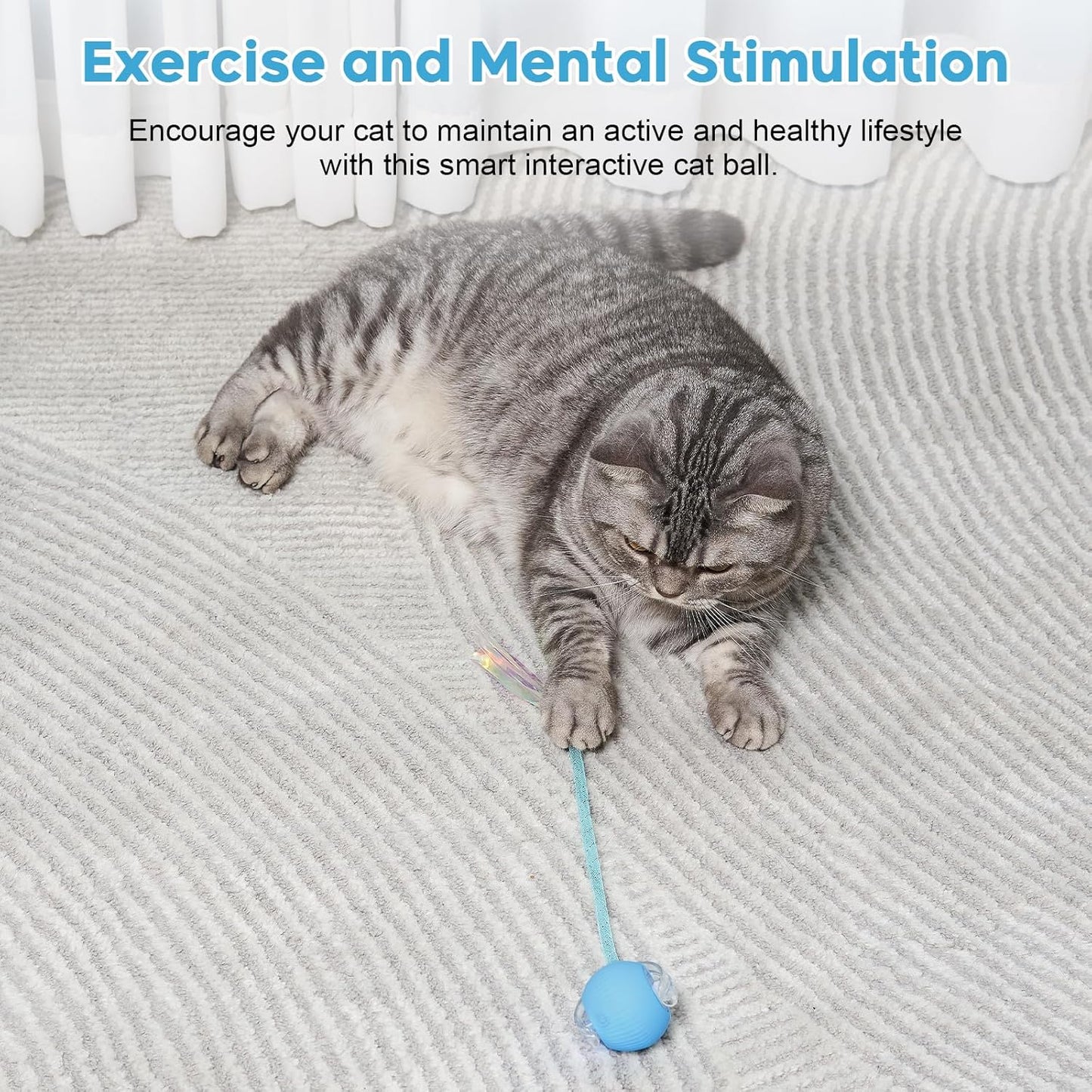 Interactive Cat Toy for Indoor Cats & Dogs, Agile Moving Cat Ball with Elastic Mesh Tail, Rechargeable Enrichment Toy, Smart Automatic Rolling Pet Ball Toy for  Dogs & Cats (Blue)