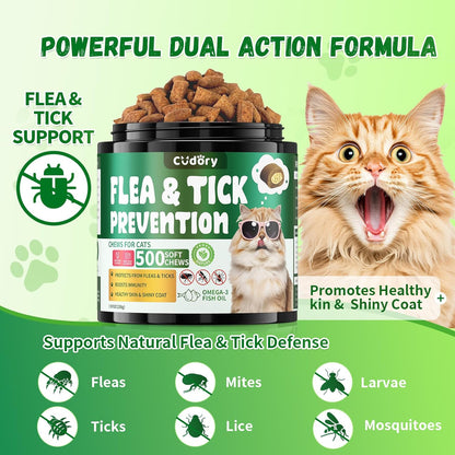 Flea and Tick Prevention for Cats – 500 Crunchy & Creamy Chews, Cat Flea Chewables with Skin & Coat Support – Oral Supplement for All Breeds & Ages – Natural Chicken Flavor