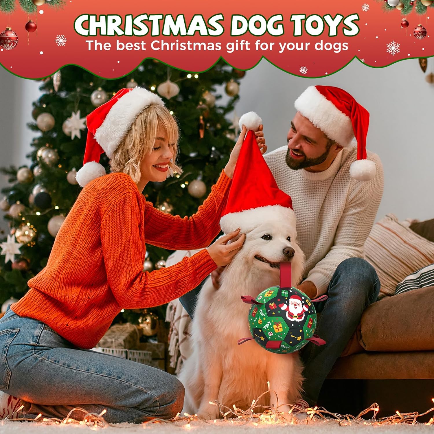 Christmas Dog Toys: Soccer Ball with Straps for Outdoor Play, Tug of War- Dog Birthday Gift, 8 Inch Balls for Medium & Large Dogs