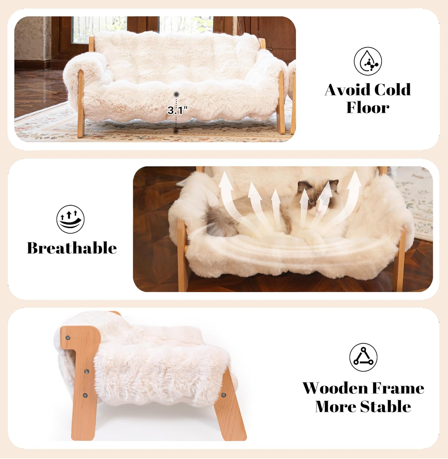 Elevated Cat Couch Bed for Indoor Cats, Wooden Cat Sofa with Removable Washable Fluffy Cover(Off-White)