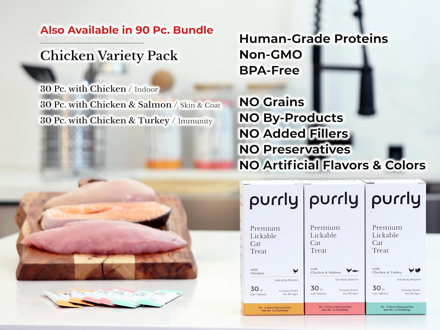Purrly Lickable Wet Cat Treats Healthy Grain-Free Chicken Variety Pack (30 Count) Squeezable Creamy Purée with Human-Grade Protein Functional Nutrients Non-Gmo No-Artificial-Additives Low-Phosphorus
