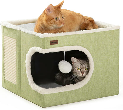 Cat Bed for Indoor Cats Cube House, Covered Cat Cave Beds & Furniture with Scratch Pad and Hideaway Tent, Cute Modern Cat Condo for Multi Small Pet Large Kitten Kitty, Green