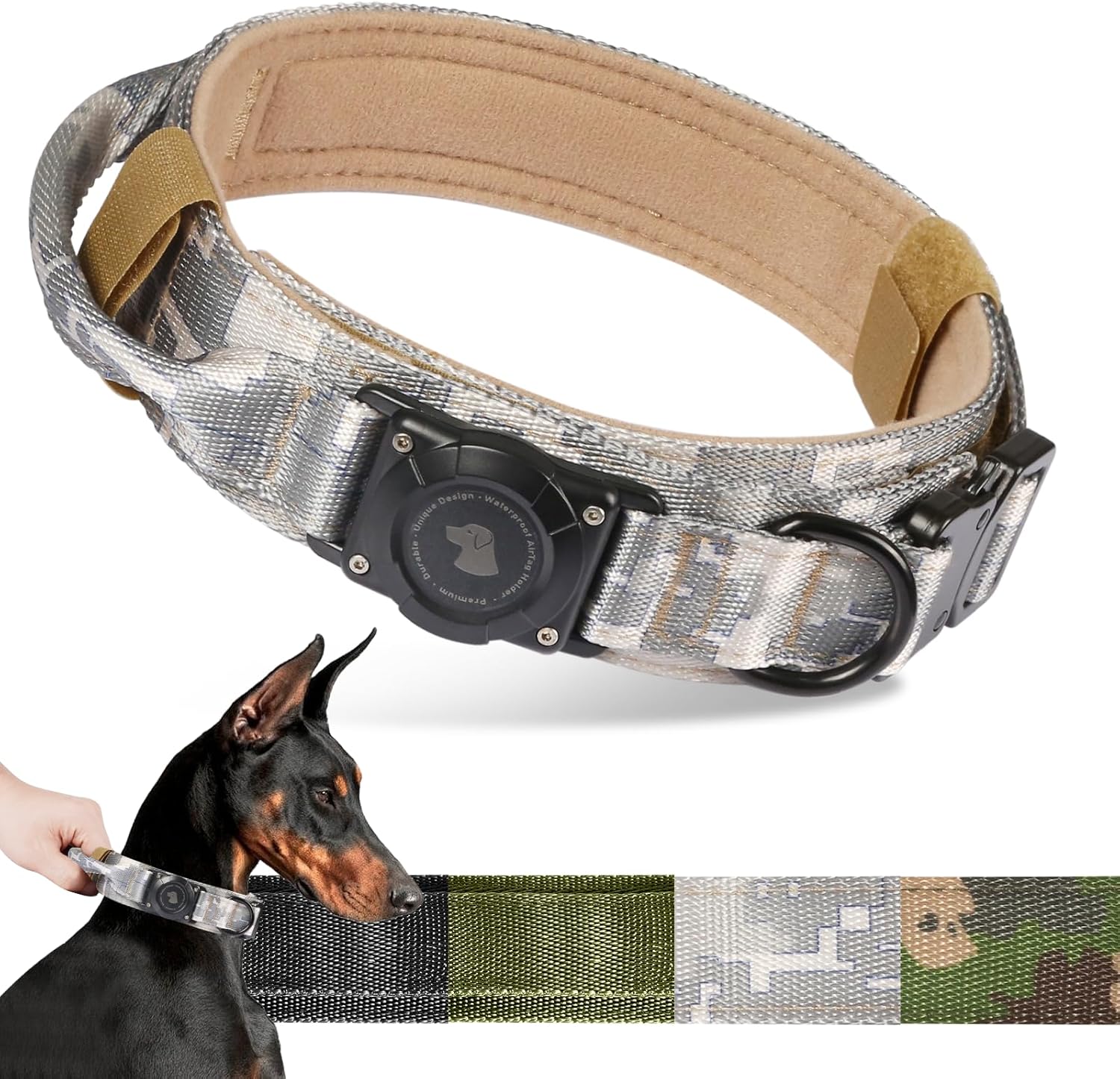 2025 Upgrade Waterproof Airtag Dog Collar, Military Tactical Dog Collar with Airtag Holder, Comfortable Control Handle and Metal Buckle, GPS Dog Collar Holder for Medium to Large Dogs (Armygreen, L)