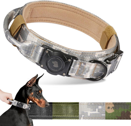 2025 Upgrade Waterproof Airtag Dog Collar, Military Tactical Dog Collar with Airtag Holder, Comfortable Control Handle and Metal Buckle, GPS Dog Collar Holder for Medium to Large Dogs (Armygreen, L)