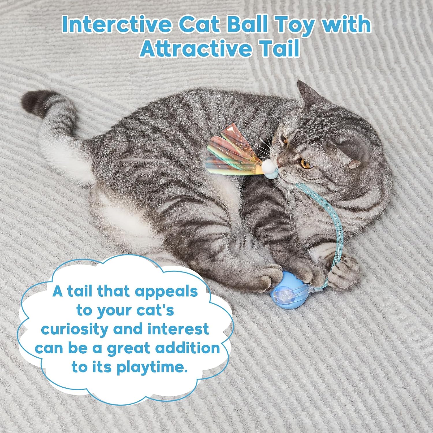 Interactive Cat Toy for Indoor Cats & Dogs, Agile Moving Cat Ball with Elastic Mesh Tail, Rechargeable Enrichment Toy, Smart Automatic Rolling Pet Ball Toy for  Dogs & Cats (Blue)