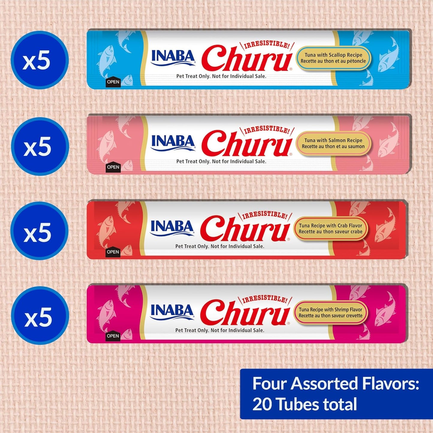 INABA Churu Cat Treats, Lickable, Squeezable Creamy Purée Cat Treat, 20 Tubes, Tuna & Seafood Variety 