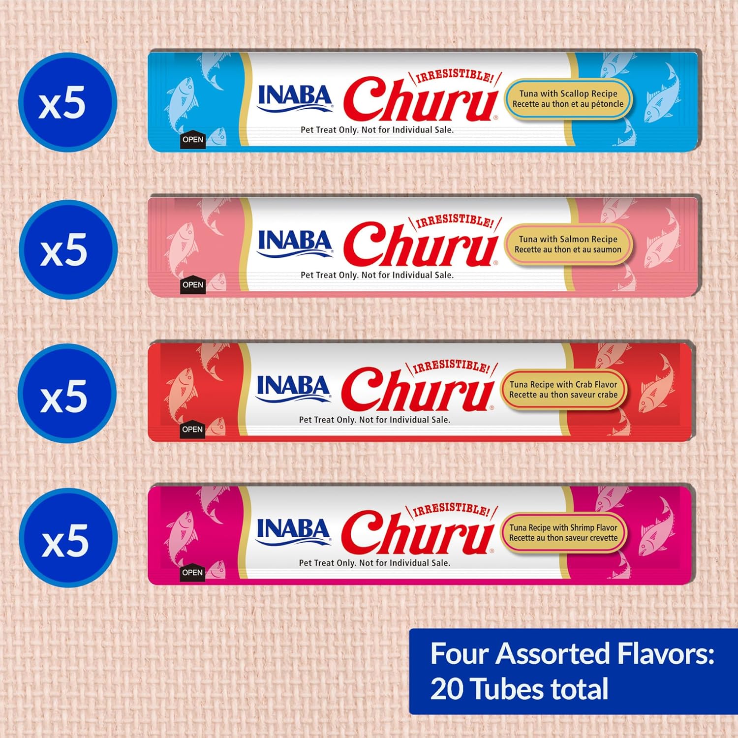 INABA Churu Cat Treats, Lickable, Squeezable Creamy Purée Cat Treat, 20 Tubes, Tuna & Seafood Variety 