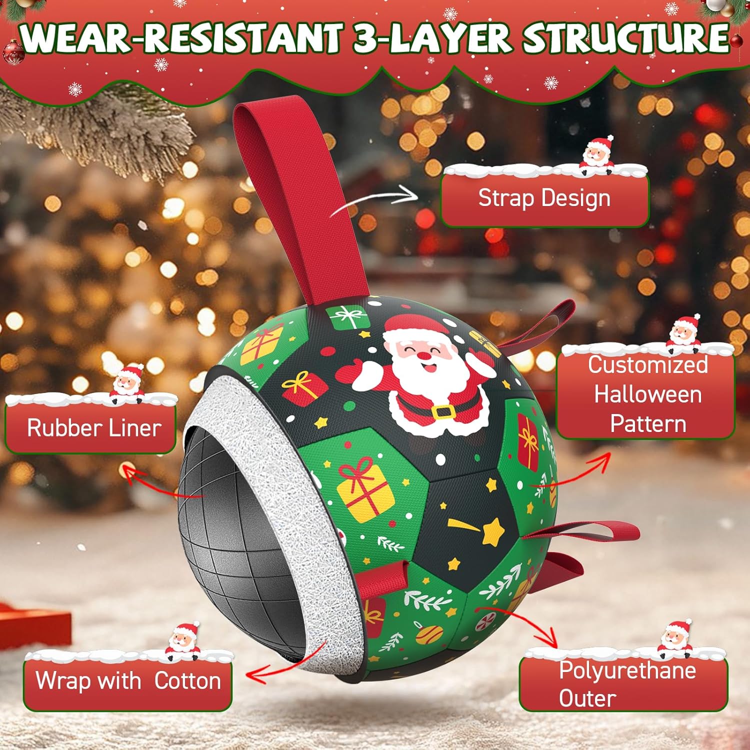 Christmas Dog Toys: Soccer Ball with Straps for Outdoor Play, Tug of War- Dog Birthday Gift, 8 Inch Balls for Medium & Large Dogs
