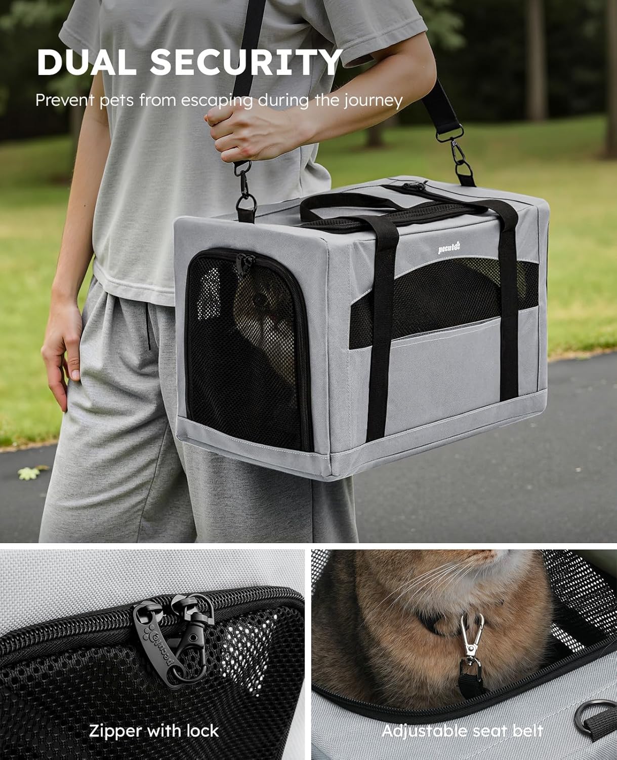 Cat Carrier Stable, Pet Carrier Breathable and Portable, Cat Carriers Bag with Scientific Hidden Partition, Carriers for Cat under 5Kg, Dog Carrier Suitable for Travel and Outing, Gray