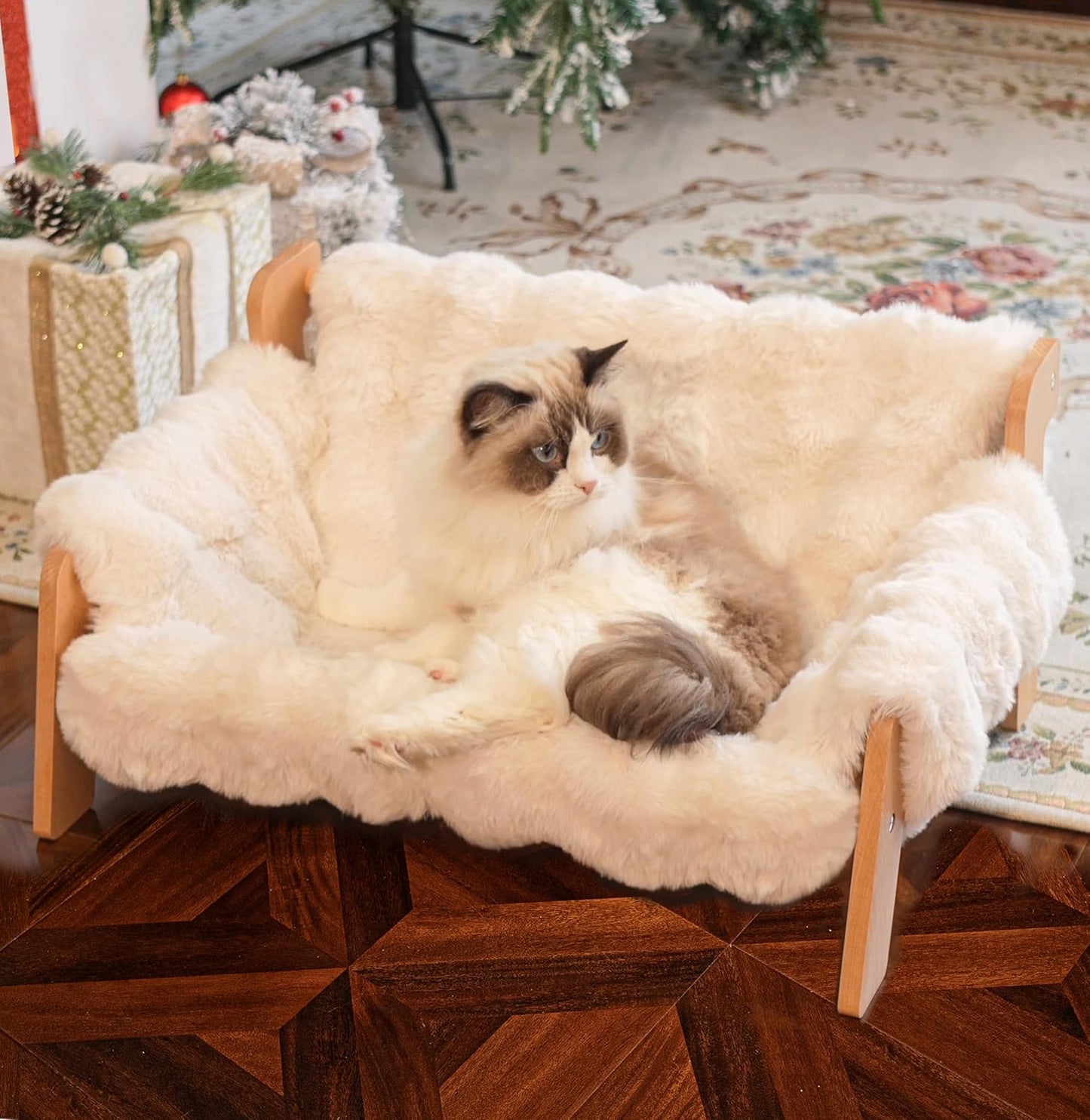 Elevated Cat Couch Bed for Indoor Cats, Wooden Cat Sofa with Removable Washable Fluffy Cover(Off-White)