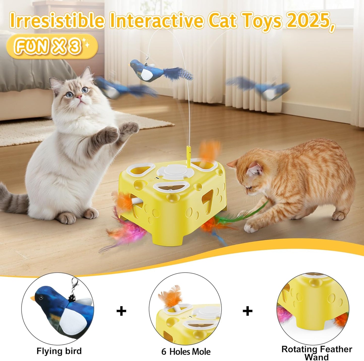 3-In-1 Automatic Cheese-Shaped Interactive Cat Toy – Flying Bird, 6-Hole Mole & Rotating Feather | USB Rechargeable Electronic Feather Toy for Indoor Adult Cats & Kittens, Relieves Boredom