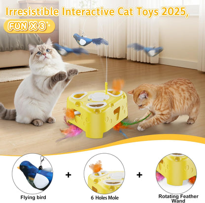 3-In-1 Automatic Cheese-Shaped Interactive Cat Toy – Flying Bird, 6-Hole Mole & Rotating Feather | USB Rechargeable Electronic Feather Toy for Indoor Adult Cats & Kittens, Relieves Boredom
