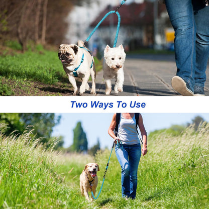 Double Dog Leash, Dual Dog Leash, 360° Swivel Tangle Free Bungee Walking Training for Large Medium Dogs, Shock Absorbing Bungee Reflective for Two Dogs, 18~123 Lbs, Blue
