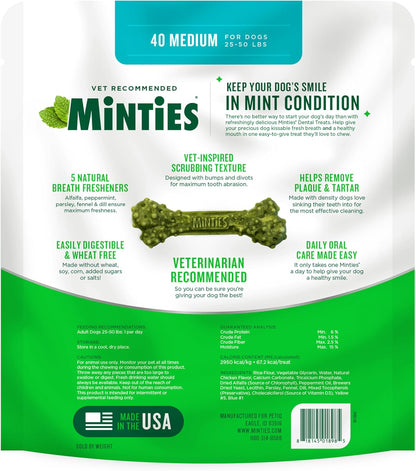 Dental Chews for Dogs, 40 Count, Vet-Recommended Mint-Flavored Dental Treats for Medium Dogs 25-50 Lbs, Dental Bones Clean Teeth, Fight Bad Breath, and Removes Plaque and Tartar