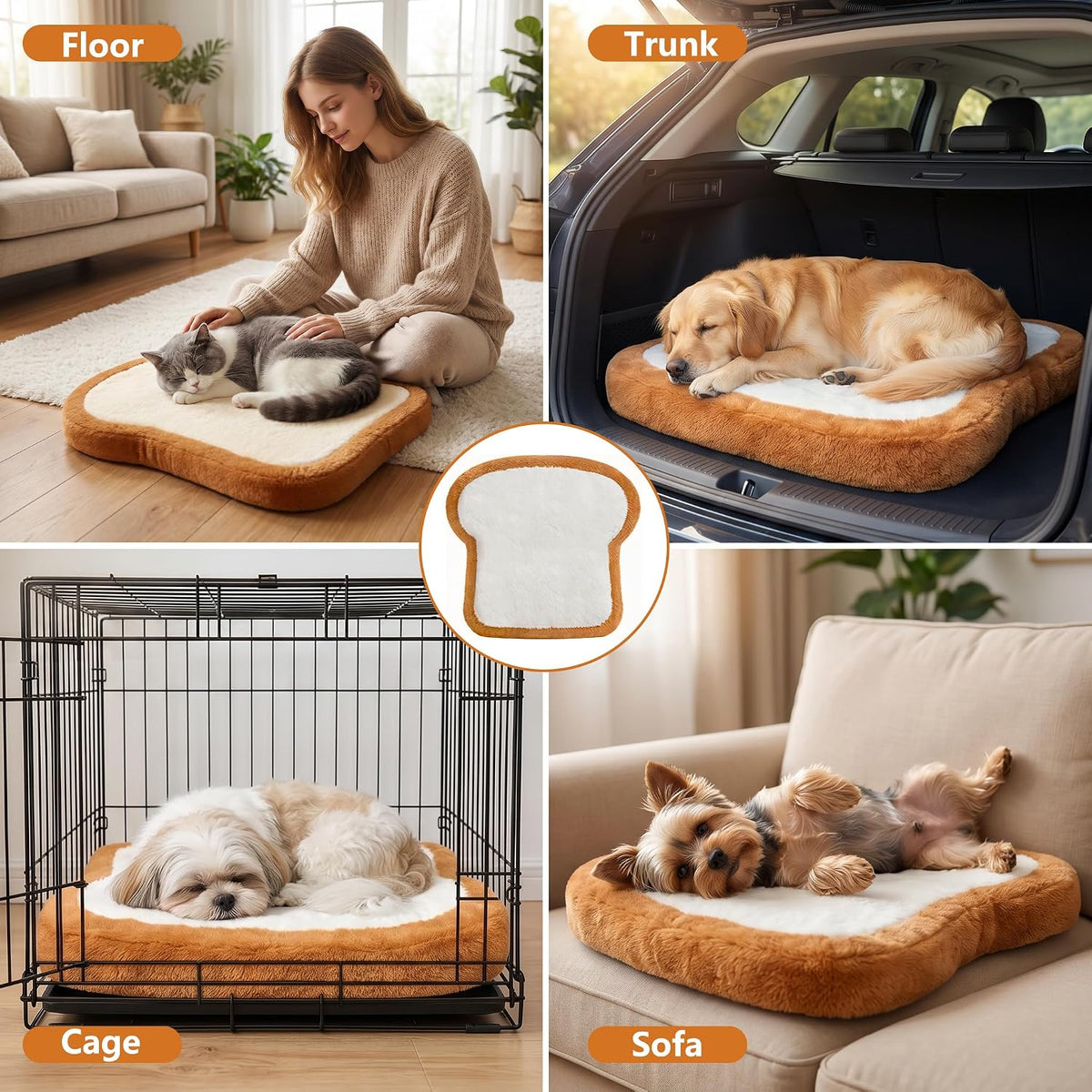 Toast Shaped Dog Bed Mats with Orthopedic Foam, Machine Washable Non-Slip Pet Bed