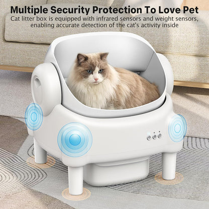 Automatic Litter Box with App Control for Multiple Cats, Safety Sensors Protection, Odor Control, Includes 2 Roll Liners, Large Waste Bin, Cream White
