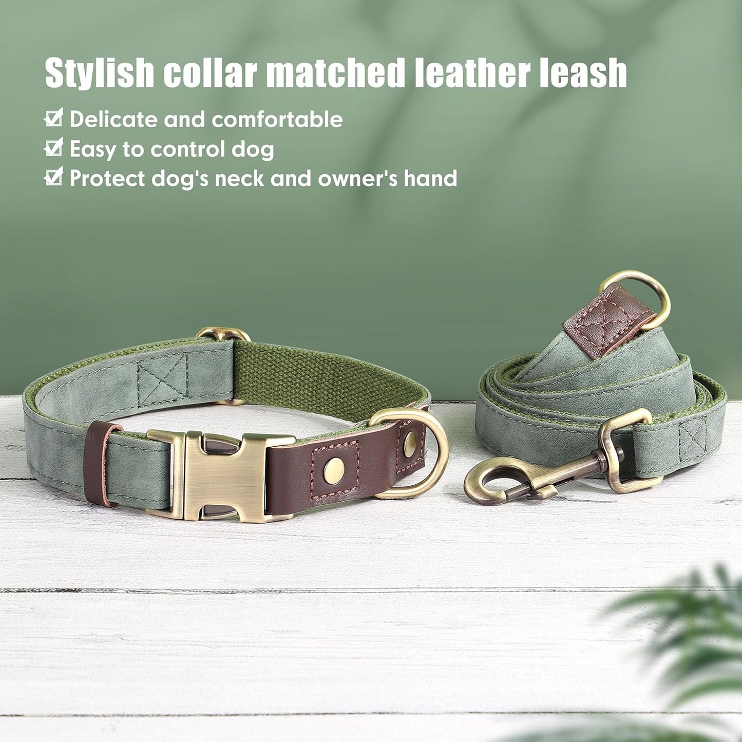 Soft PU Leather Dog Collars for Medium Dogs,Classic Adjustable Dog Collars with Quick Release Metal Buckle,Easy Clean and Comfortable with Nylon Lining,Green,M Neck 13-19"