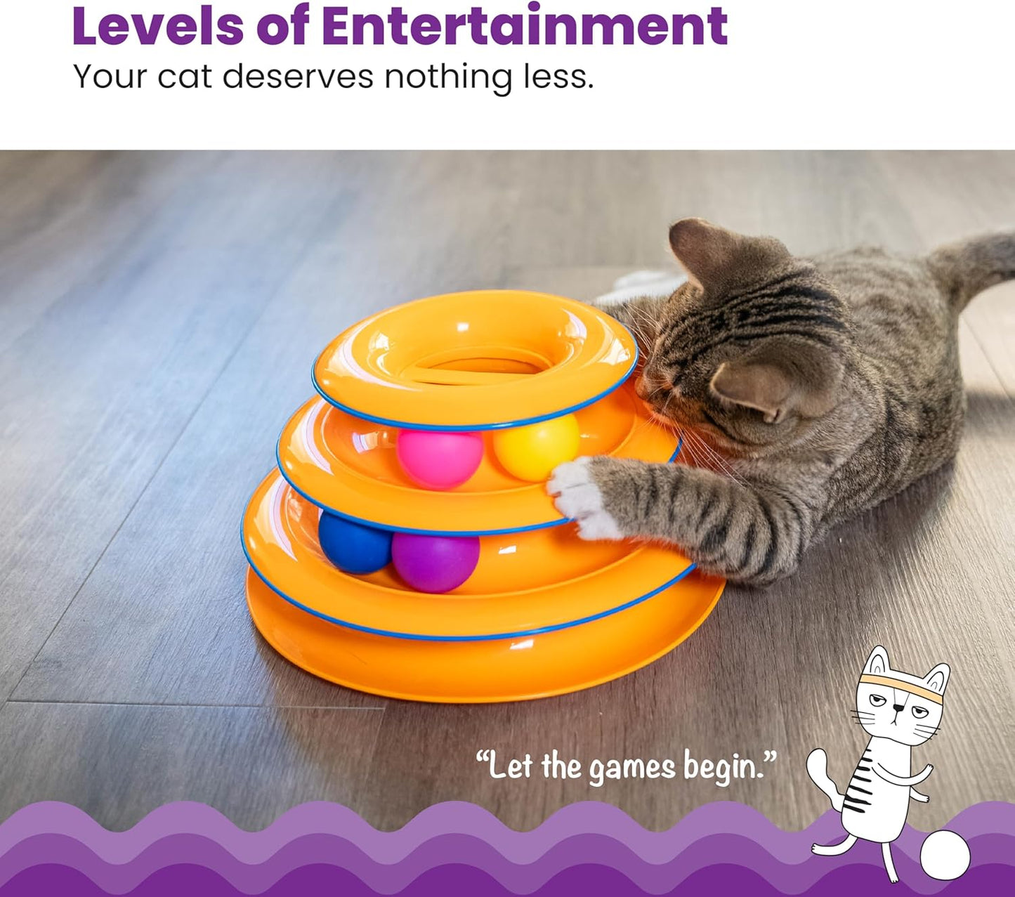 Tower of Tracks – 3-Level Interactive Cat Toy with 6 Spinning Balls, Non-Slip Base, Ideal for Indoor Cats, Orange