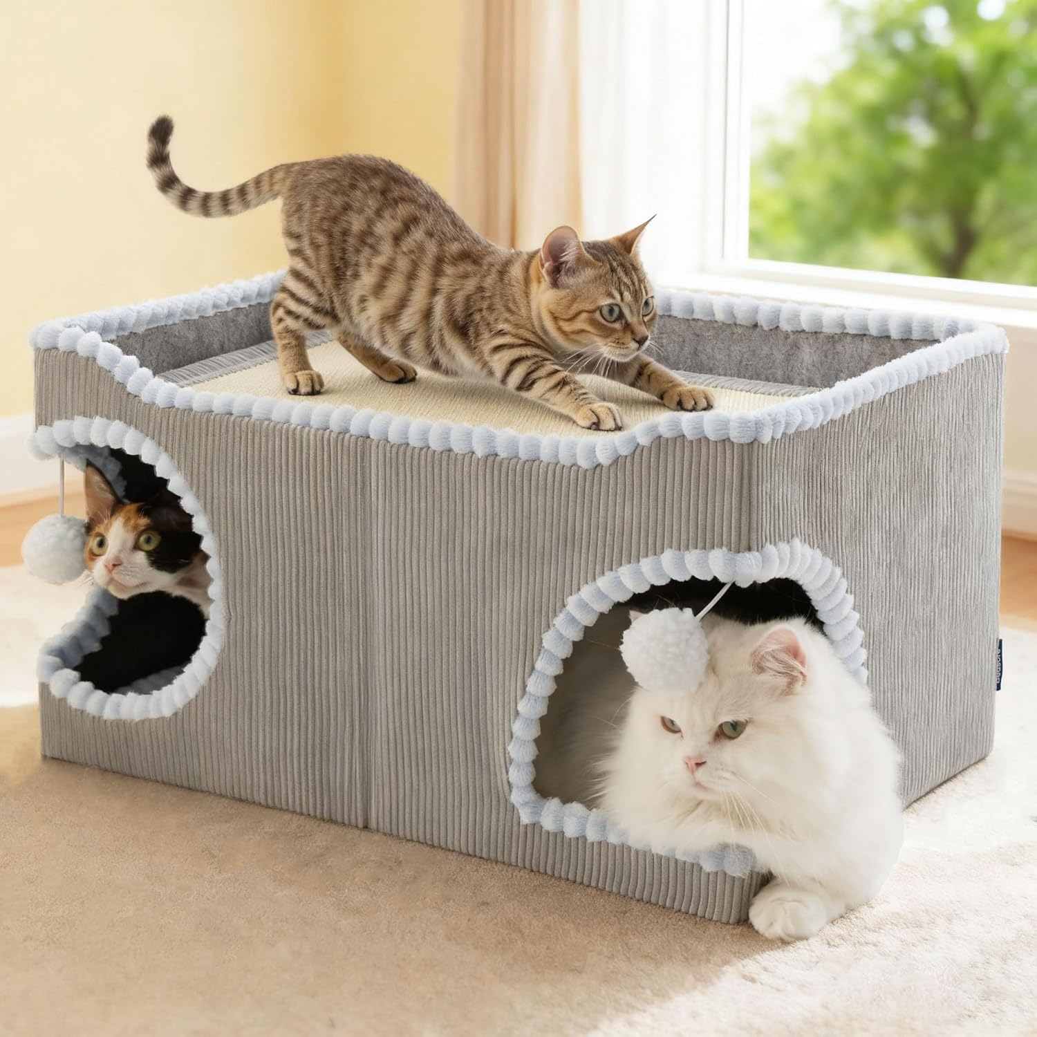 Bedsure Cat Beds for Indoor Cats - Large Cat Cave for Pet Cat House with Fluffy Ball Hanging and Scratch Pad, Foldable Cat Hideaway, 16.5X16.5X13 Inches, Grey