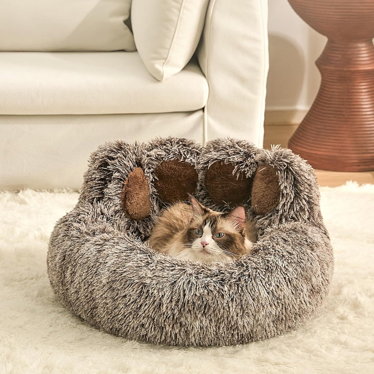 Paw Shape Calming Pet Bed, Plush Faux Fur Donut Bed for Dogs & Cats, Machine Washable, Non-Slip Bottom, Medium (22"×22"×6"), Gray