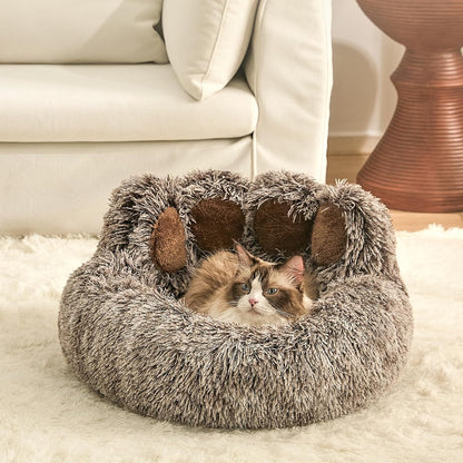 Paw Shape Calming Pet Bed, Plush Faux Fur Donut Bed for Dogs & Cats, Machine Washable, Non-Slip Bottom, Medium (22"×22"×6"), Gray