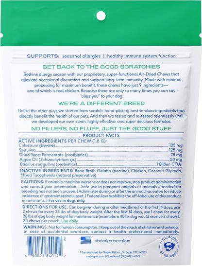 Dog Allergy Chews - Dog Allergy Relief with Probiotics and Colostrum for Itchy Skin Relief to Support Seasonal Allergy and Healthy Immune System - All Natural Anti-Histamine - 30 Chews