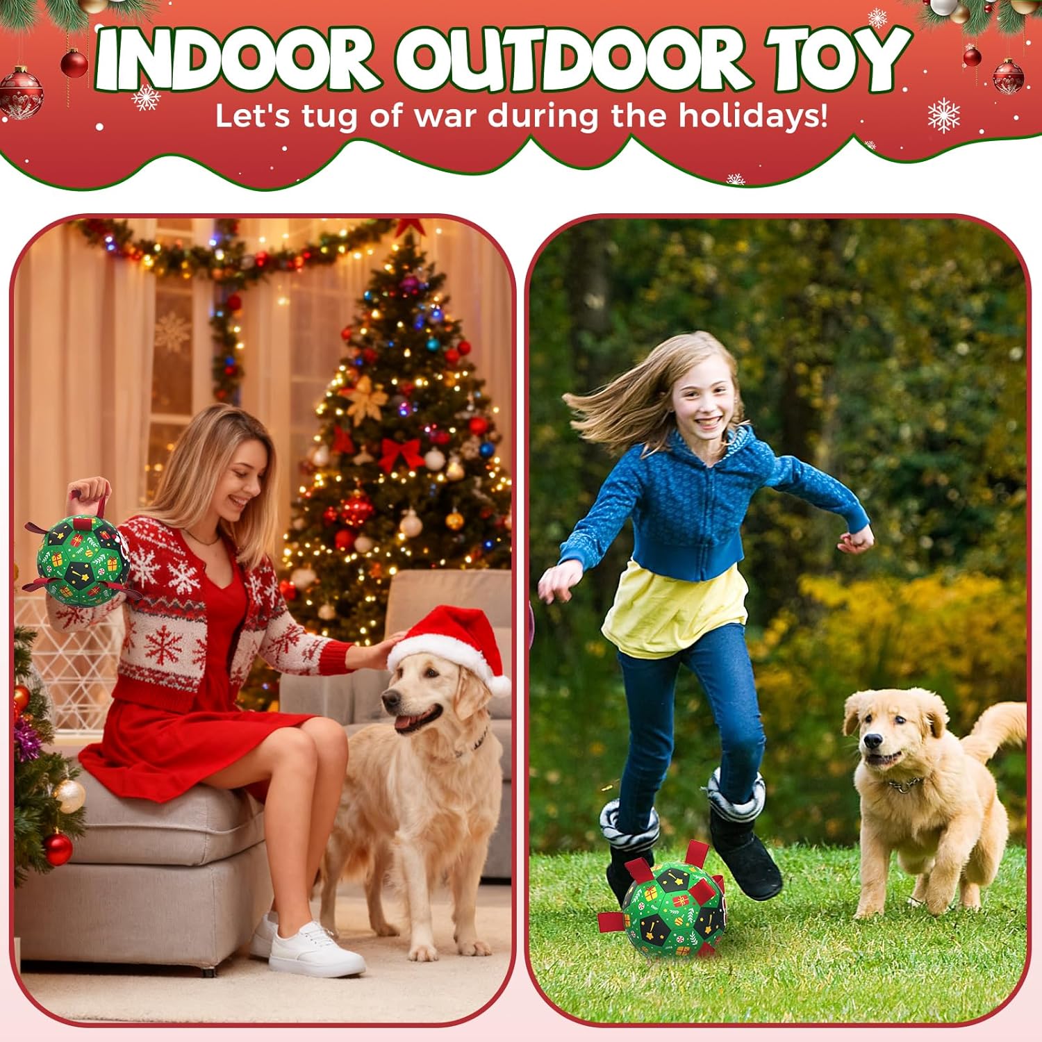 Christmas Dog Toys: Soccer Ball with Straps for Outdoor Play, Tug of War- Dog Birthday Gift, 8 Inch Balls for Medium & Large Dogs