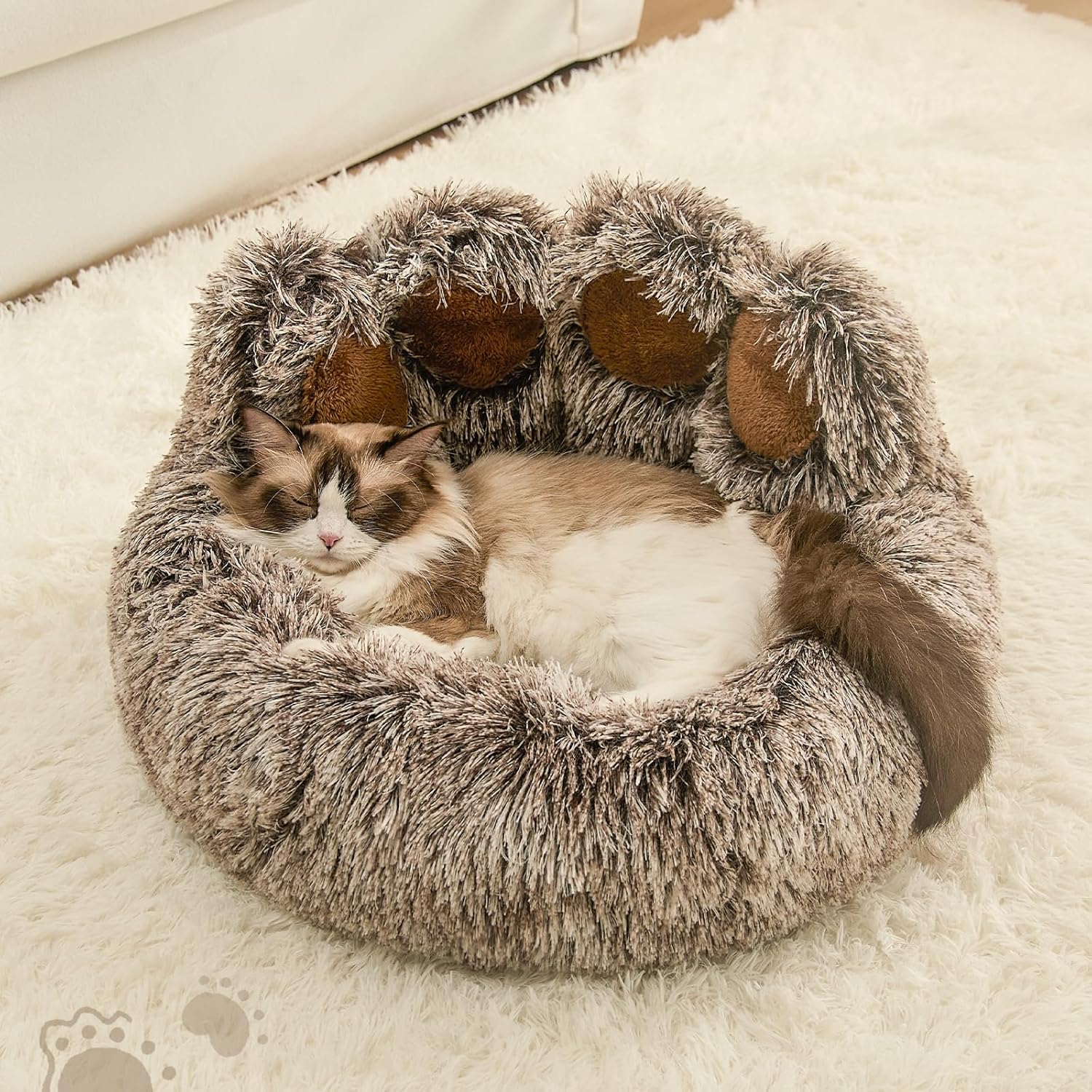 Paw Shape Calming Pet Bed, Plush Faux Fur Donut Bed for Dogs & Cats, Machine Washable, Non-Slip Bottom, Medium (22"×22"×6"), Gray